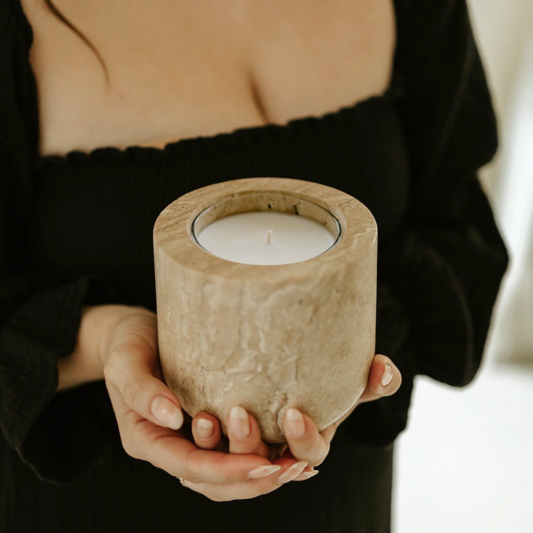 Beige Travertine Candle Vessel - Annie & Flora
