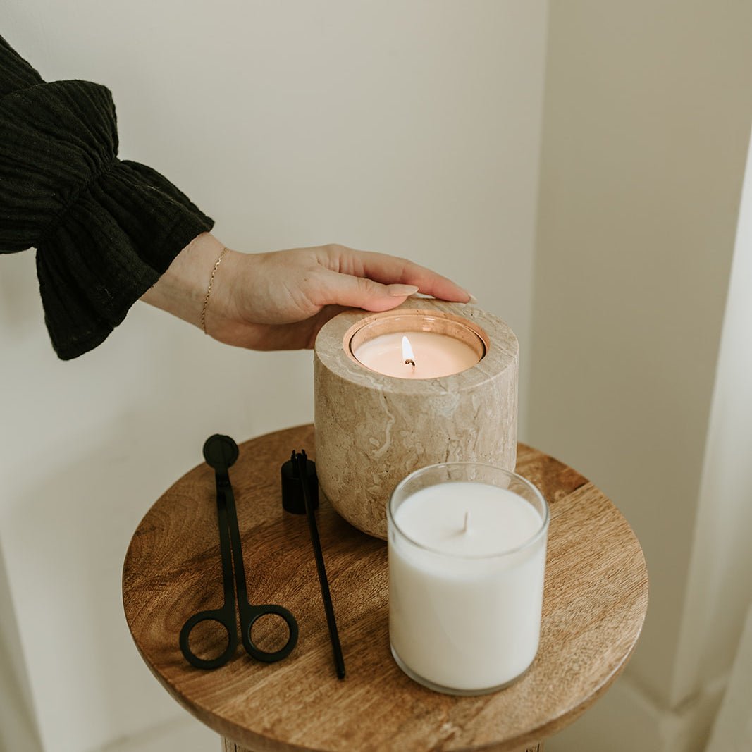 Beige Travertine Candle Vessel - Annie & Flora
